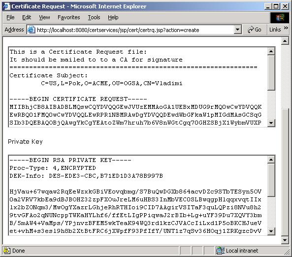Certificate request sample output