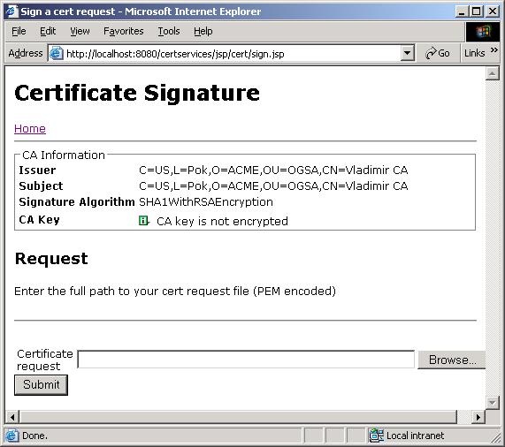 Certificate request signature